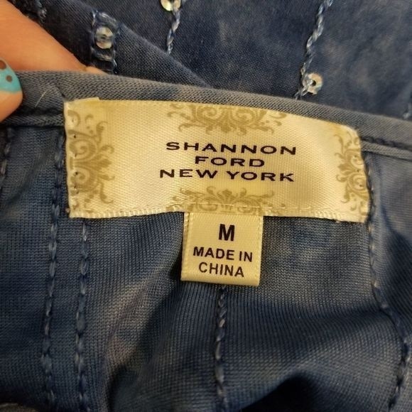 Shannon Ford NY Blue Sequin Split Sleeve Top Size Medium - Picture 9 of 9